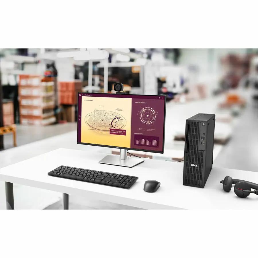 Dell QCS1255 Slim Desktop Ryzen 8000 Series with 16GB RAM and 512GB SSD, black tower on desk with monitor, keyboard, and mouse.