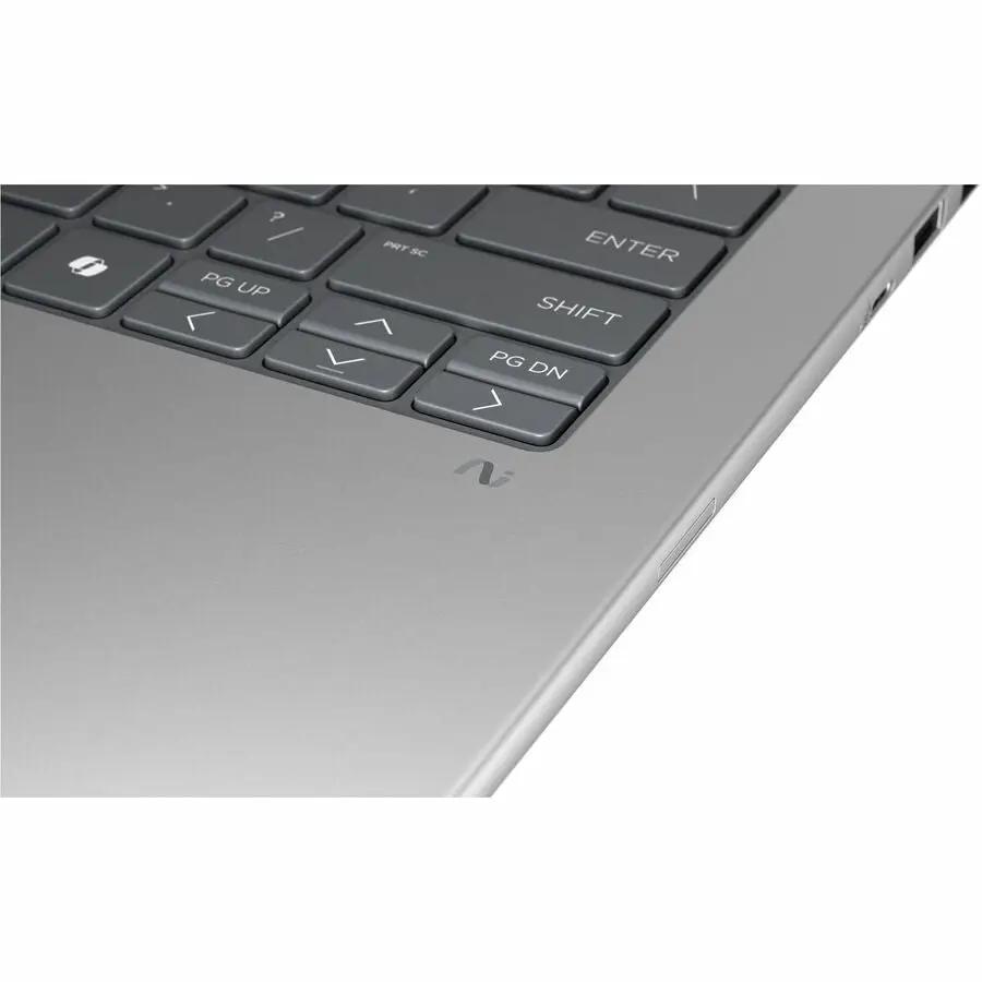 HP ZBook 14 mobile workstation laptop, silver chassis with close-up keyboard view