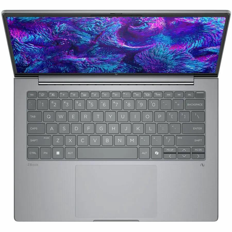 HP ZBook 14 mobile workstation laptop, silver metal chassis with gray keyboard and vivid display