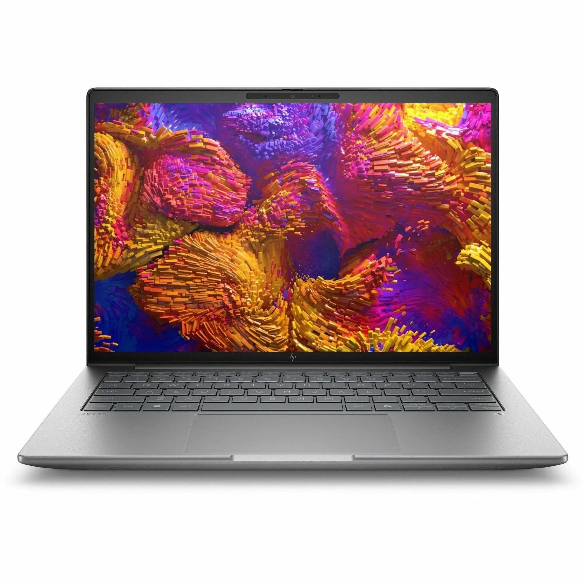 HP ZBook 14 mobile workstation laptop in silver with colorful display and visible keyboard