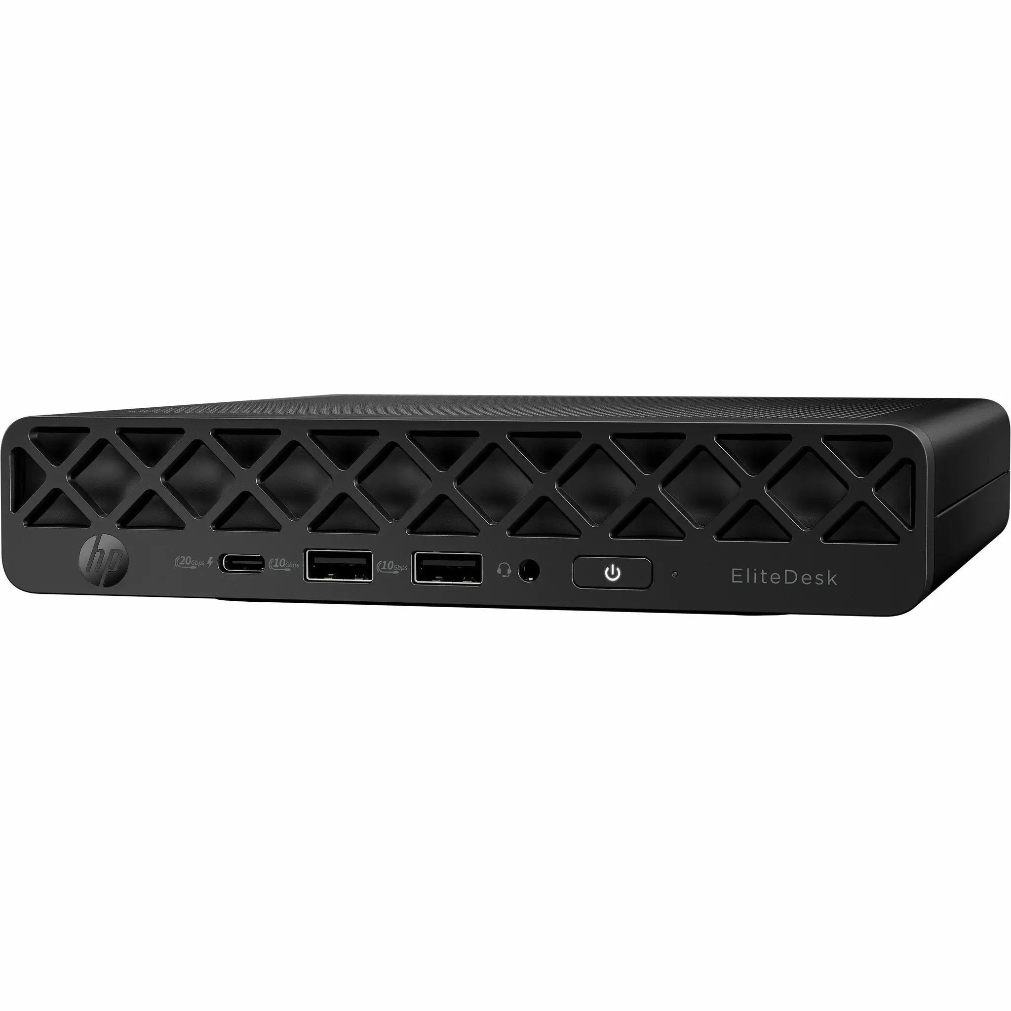 HP EliteDesk 8 G1i mini desktop PC with black chassis and lattice-front vent; front USB ports visible