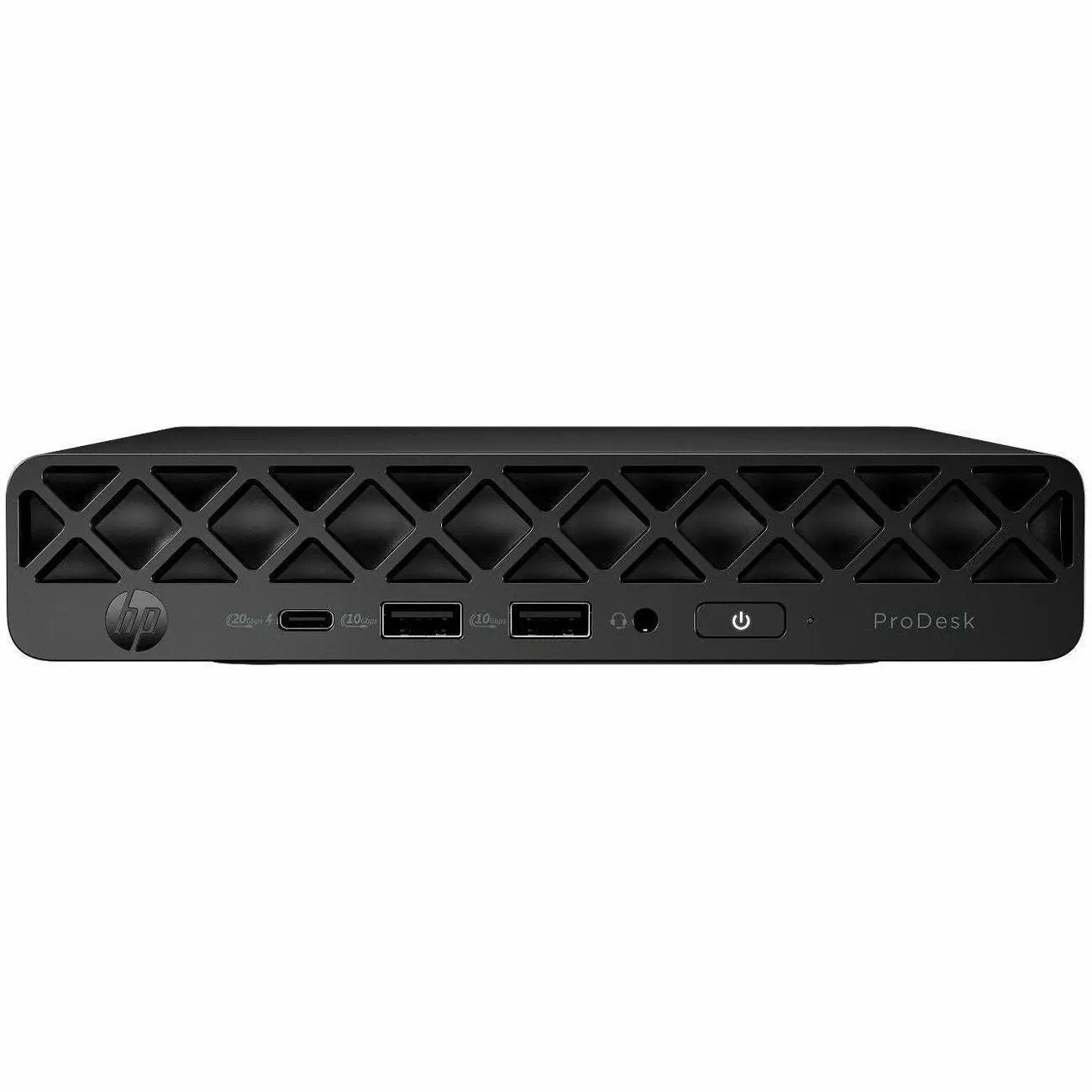 HP ProDesk 4 Mini G1i U5225T PC, black front panel with lattice grille, HP logo, USB ports, and power button