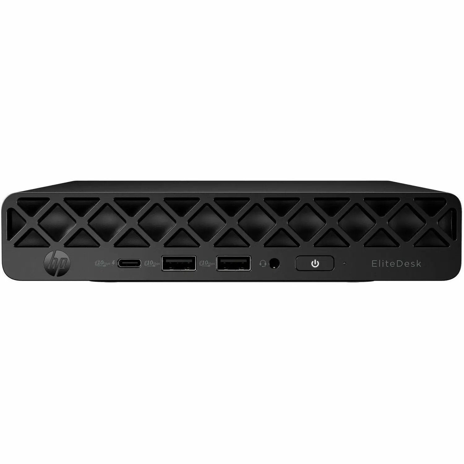 HP EliteDesk 8 G1a Mini Desktop; black chassis with lattice vents, HP logo, USB-C/USB-A, headset jack, power button