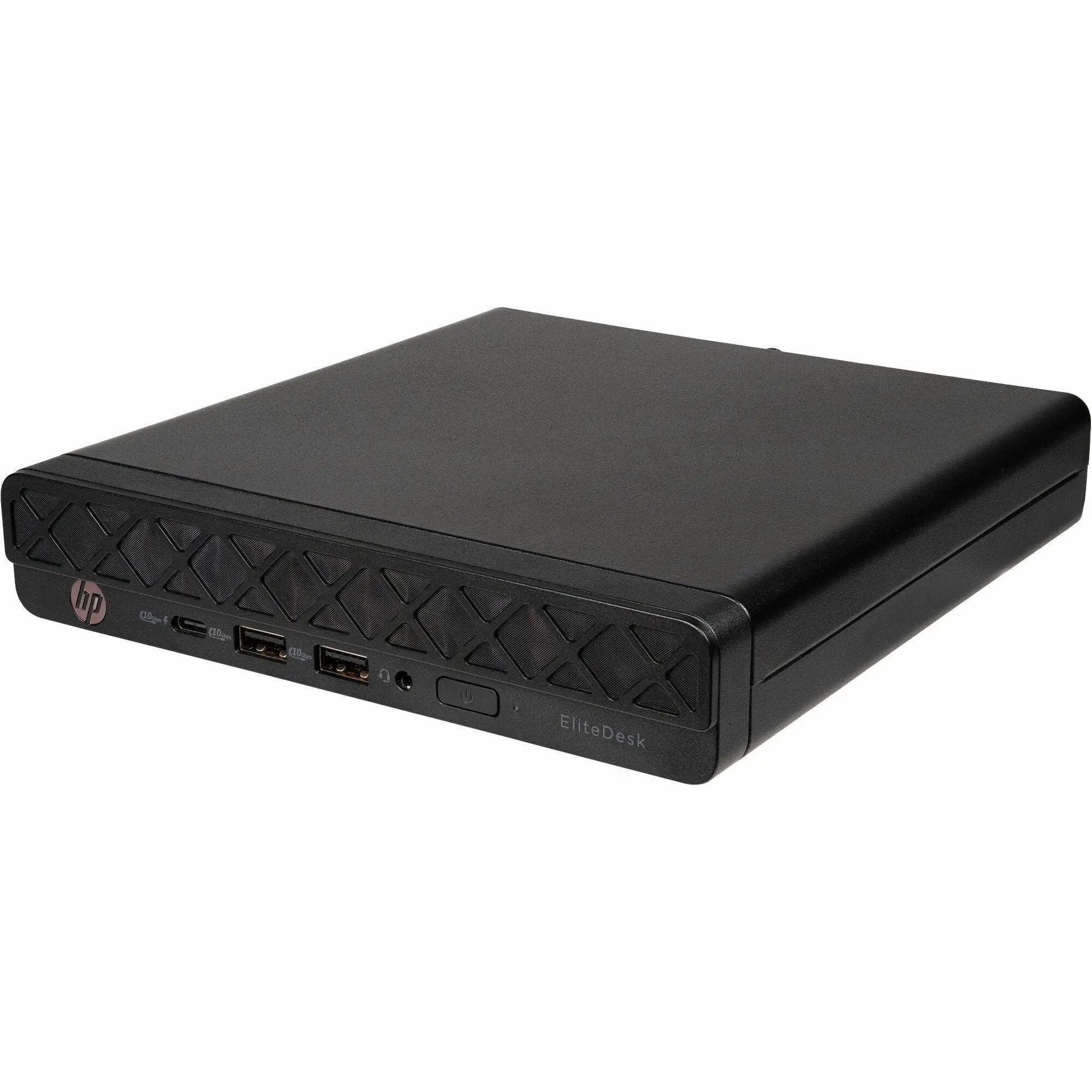 HP EliteDesk 8 G1a black mini desktop with front USB ports and HP logo