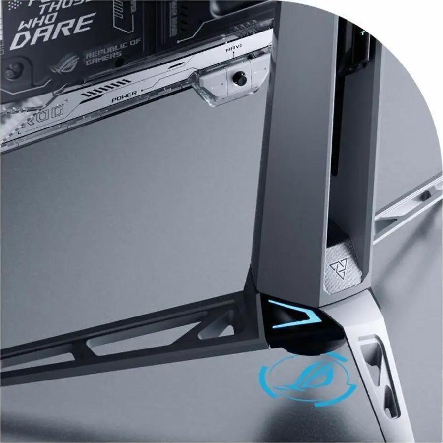 ASUS ROG Swift PG27AQWP-W 27-inch OLED gaming monitor stand in silver with blue ROG logo