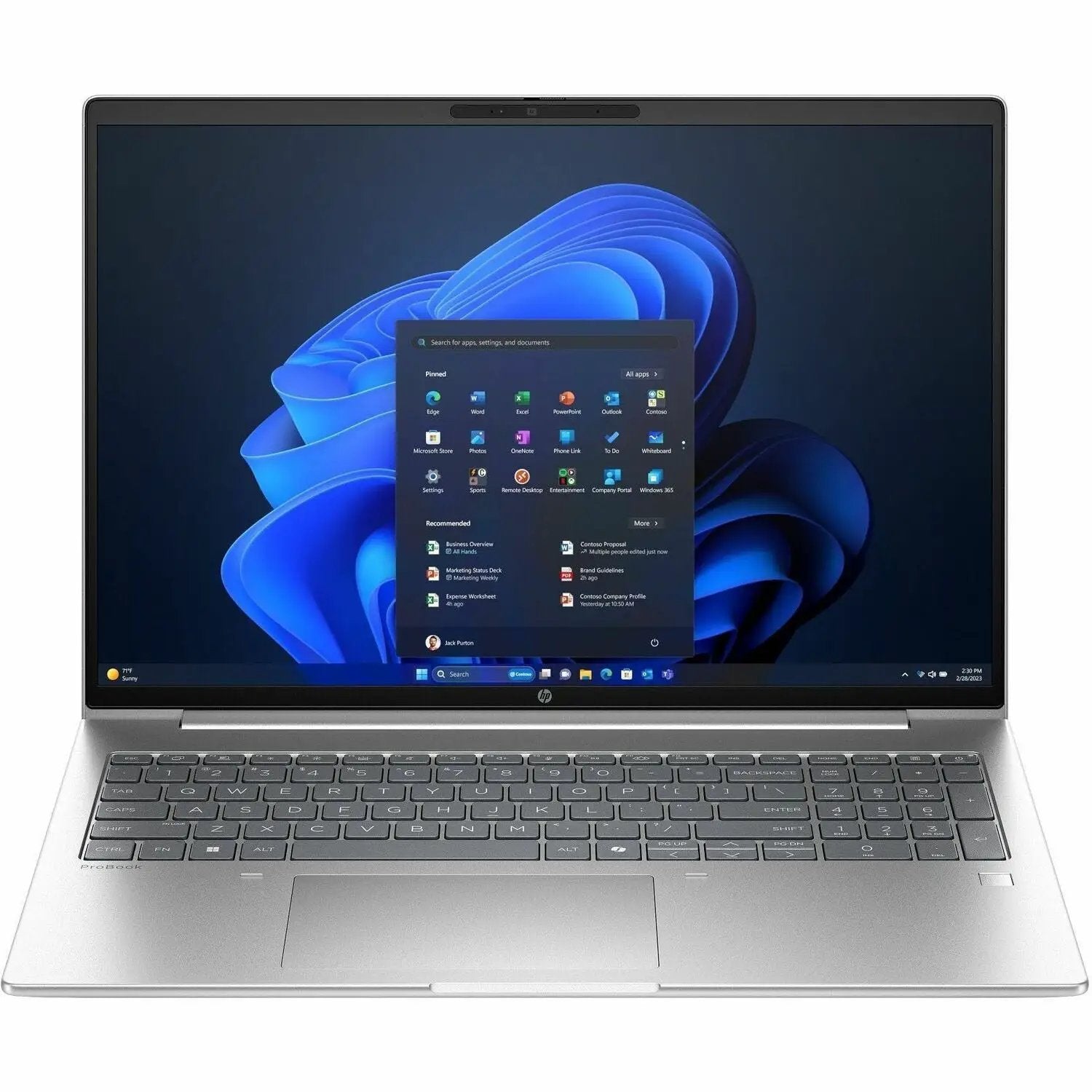 HP ProBook 16 laptop with silver aluminum body, open to Windows 11 desktop.