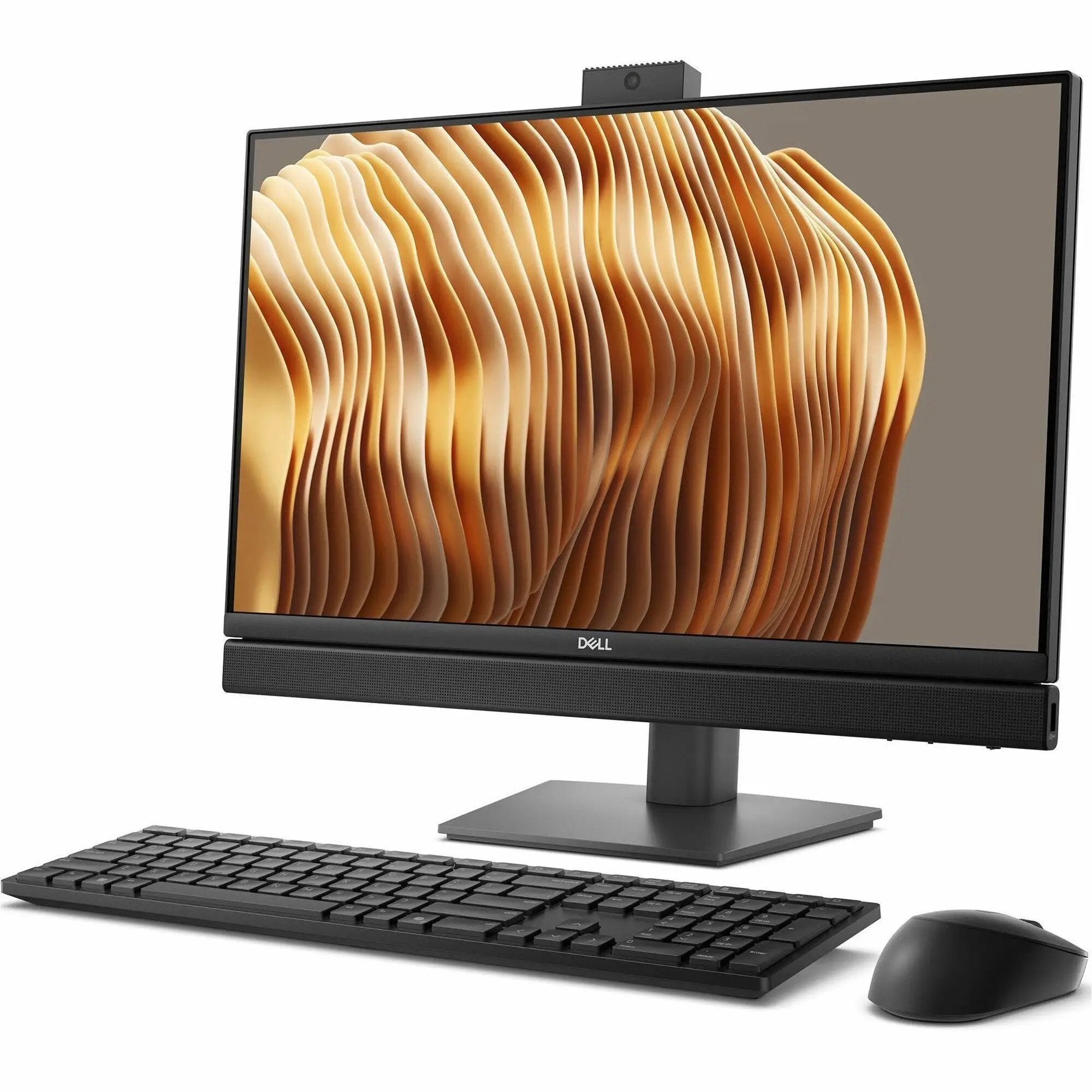 Dell Pro AIO 24 All-In-One PC on stand with keyboard and mouse; black finish, built-in webcam