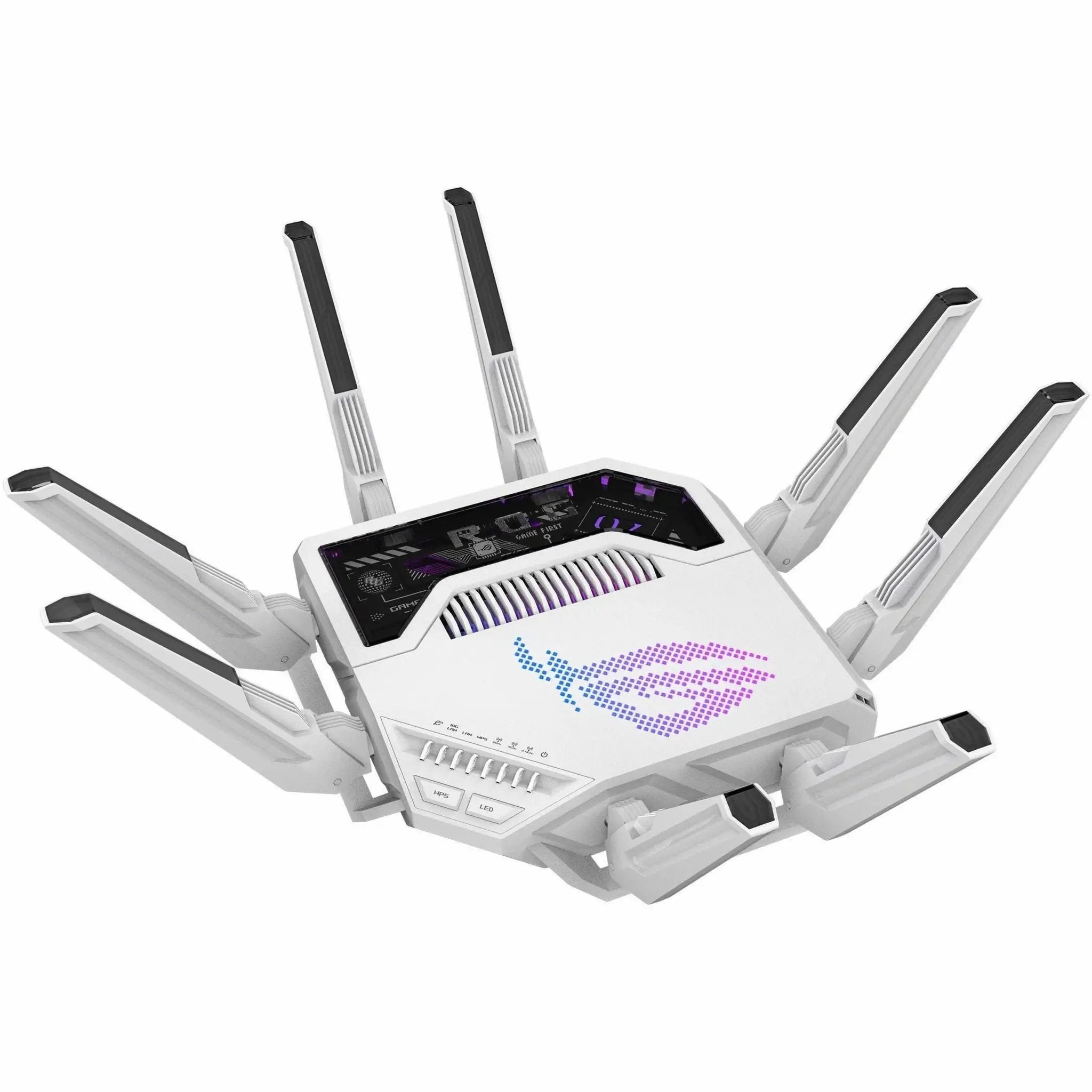 ASUS ROG GTBE19000AI Gigabit WiFi Router with white chassis and multiple external antennas