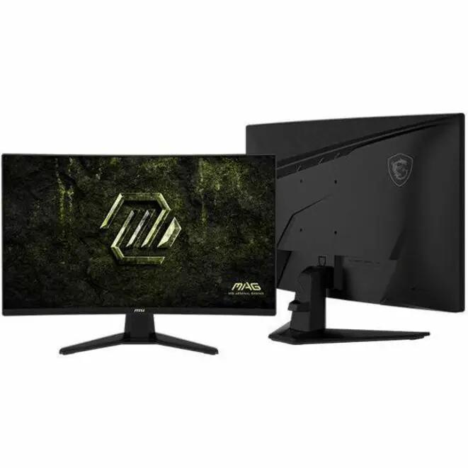 Two MSI MAG 274CF E20 27-inch curved gaming monitors shown from front and back.