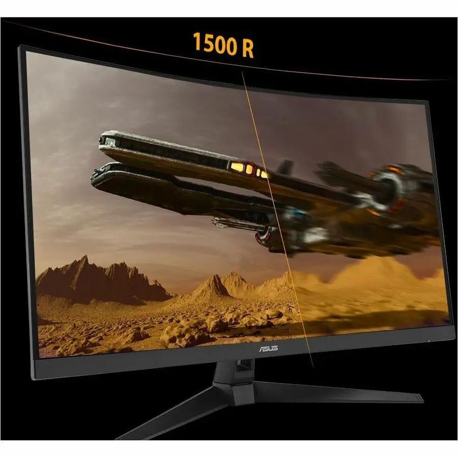 ASUS TUF VG32VQM5AZ 32-inch curved FHD monitor on stand displaying a flying vehicle over desert
