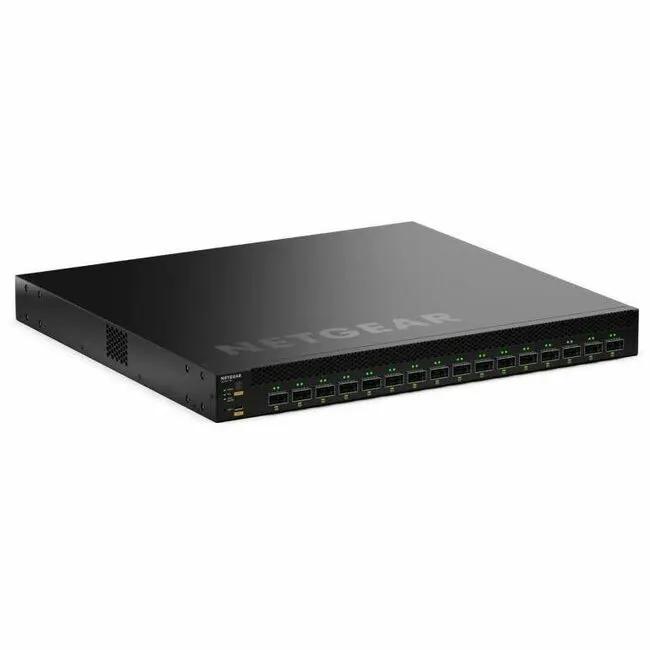 NETGEAR M4350 16-port managed switch in black rack-mount chassis.
