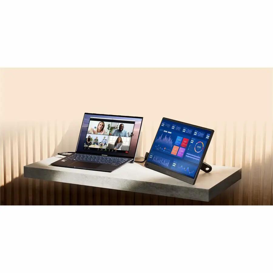 Asus ZenScreen MB169CK-P portable monitors, two black units on a desk with a laptop.
