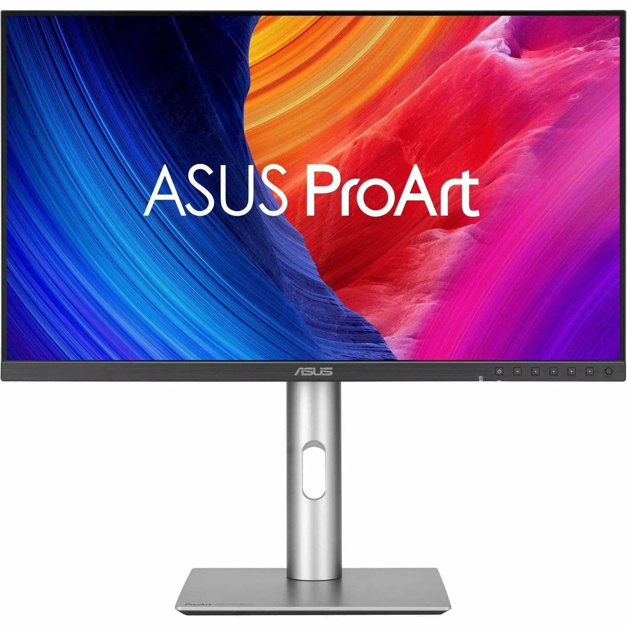 ASUS ProArt PA278CGRV 27-inch IPS monitor on a metal stand with ASUS logo, displaying vibrant wallpaper