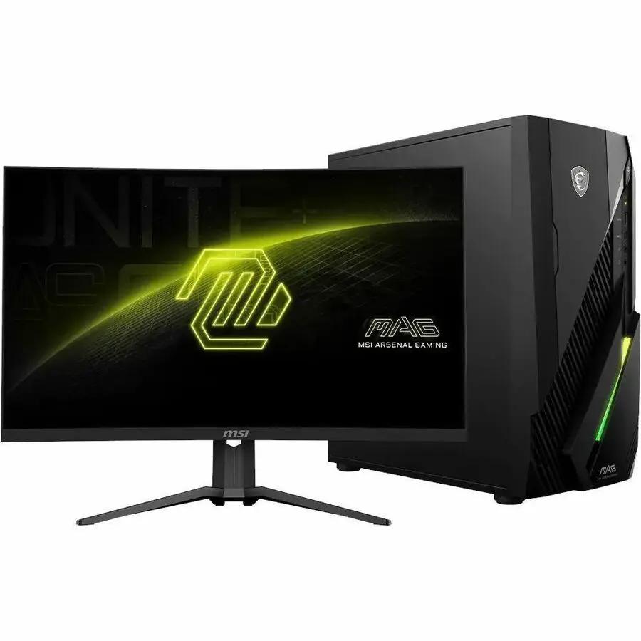 MSI MAG 275QF E20 27-inch WQHD gaming monitor and MSI desktop tower with black/green accents