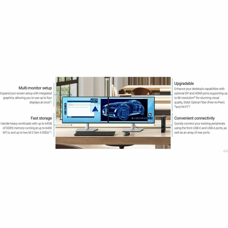 Two computer monitors on a desk with text describing features.