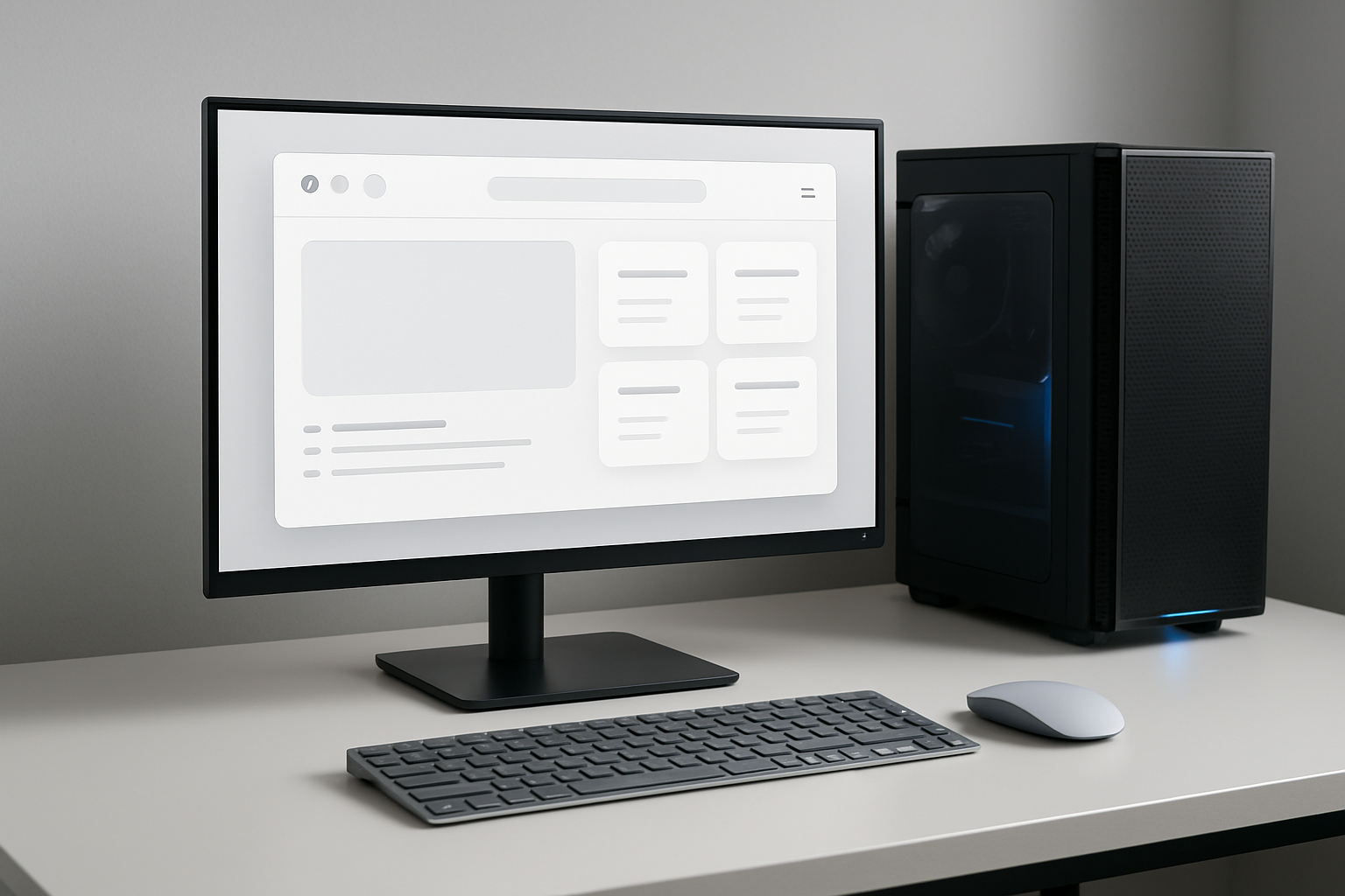 Computer setup with monitor, keyboard, mouse, and tower on a desk.