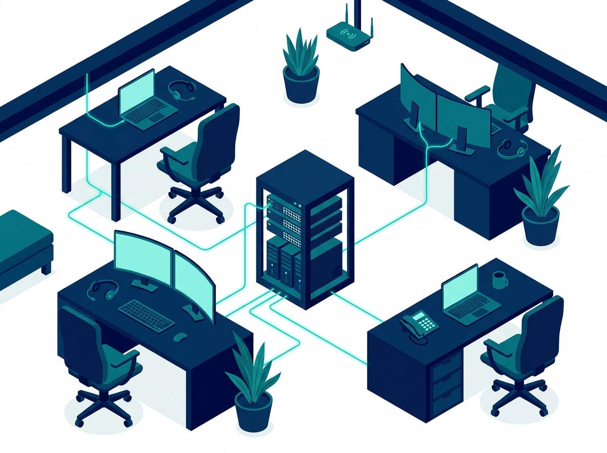 Isometric illustration of a complete office IT environment connected as one system