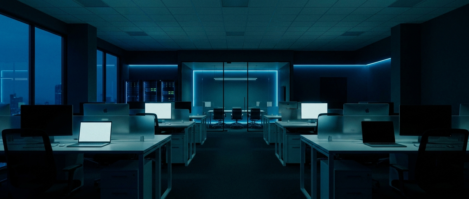 Modern tech office at dusk with glowing monitors and glass meeting room